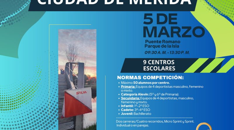 El 5 de marzo tendrá lugar. en el Parque de La Isla/Puente Romano, el Campeonato Intercentros de Orientación, desde las 9:30 hasta las 13:30 horas. Organiza: Federaciones Extremeñas y españolas de Orientación.