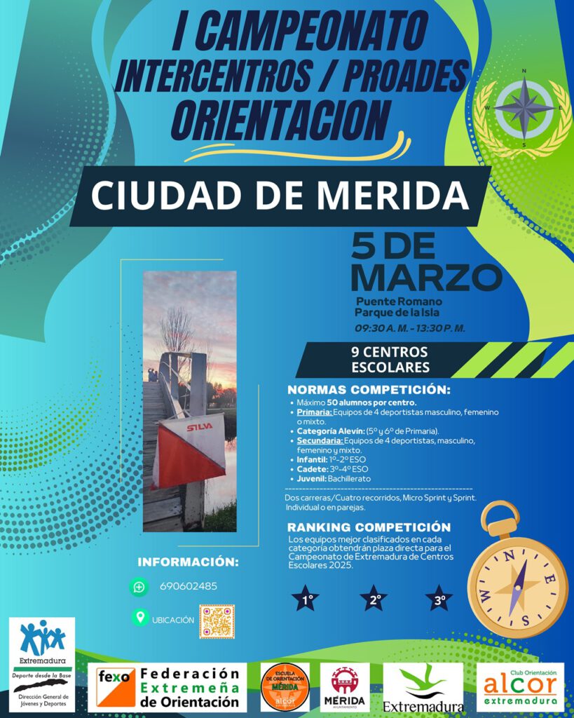 El 5 de marzo tendrá lugar. en el Parque de La Isla/Puente Romano, el Campeonato Intercentros de Orientación, desde las 9:30 hasta las 13:30 horas. Organiza: Federaciones Extremeñas y españolas de Orientación.